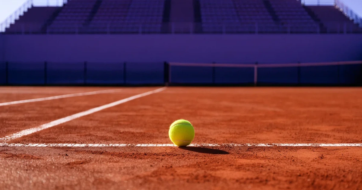Ein Sandplatz mit rötlichem Belag und gezogenen weißen Linien, ein einzelner Tennisball liegt neben der Linie, im Hintergrund eine leere Tribüne.