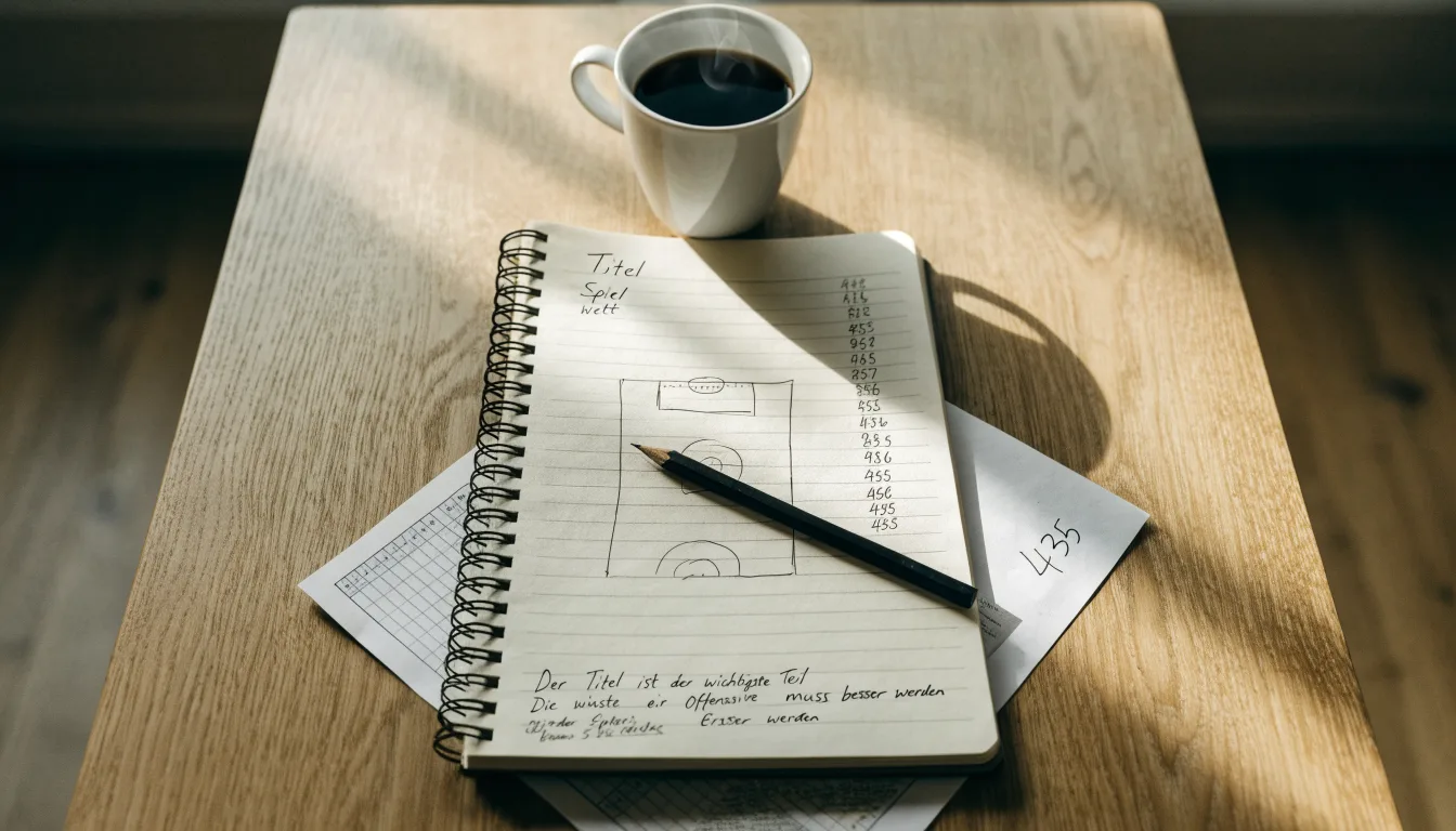 Ein aufgeschlagenes Notizbuch mit handschriftlichen Skizzen liegt neben einem Bleistift auf einem Holztisch, daneben eine Tasse Kaffee.