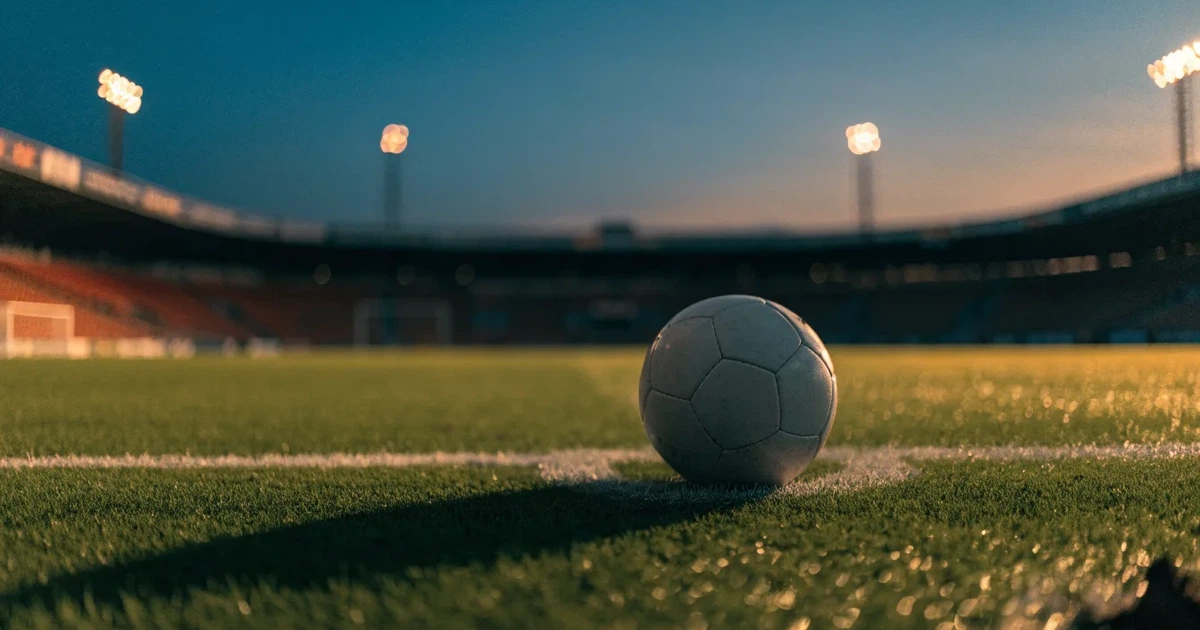 Ein Fußball liegt auf dem Anstoßpunkt eines leeren Rasenplatzes, im Hintergrund eine Tribüne und Flutlichtmasten in der Abenddämmerung.