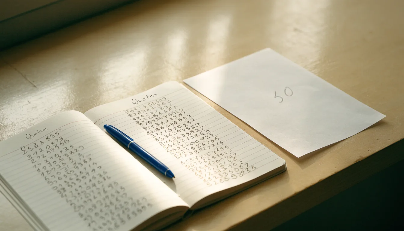 Ein Taschenrechner und ein Bleistift liegen auf einem Schreibtisch neben einem aufgeschlagenen Notizbuch mit handschriftlichen Zahlenreihen.