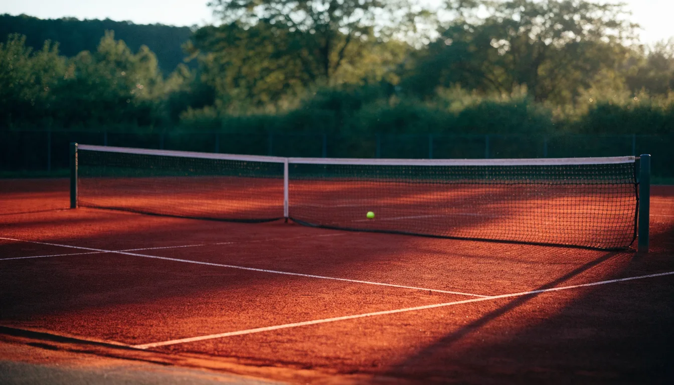 Ein Tennisplatz bei Sonnenaufgang, Netz und Grundlinien im weichen Licht, niemand ist zu sehen.