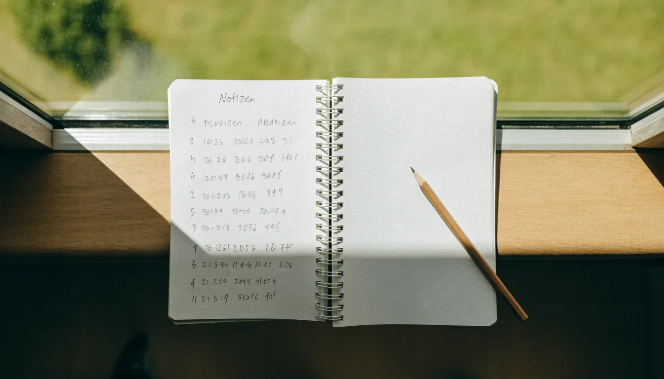 Ein aufgeschlagenes Notizbuch mit handschriftlichen Skizzen und ein Bleistift liegen auf einer Fensterbank im Tageslicht.