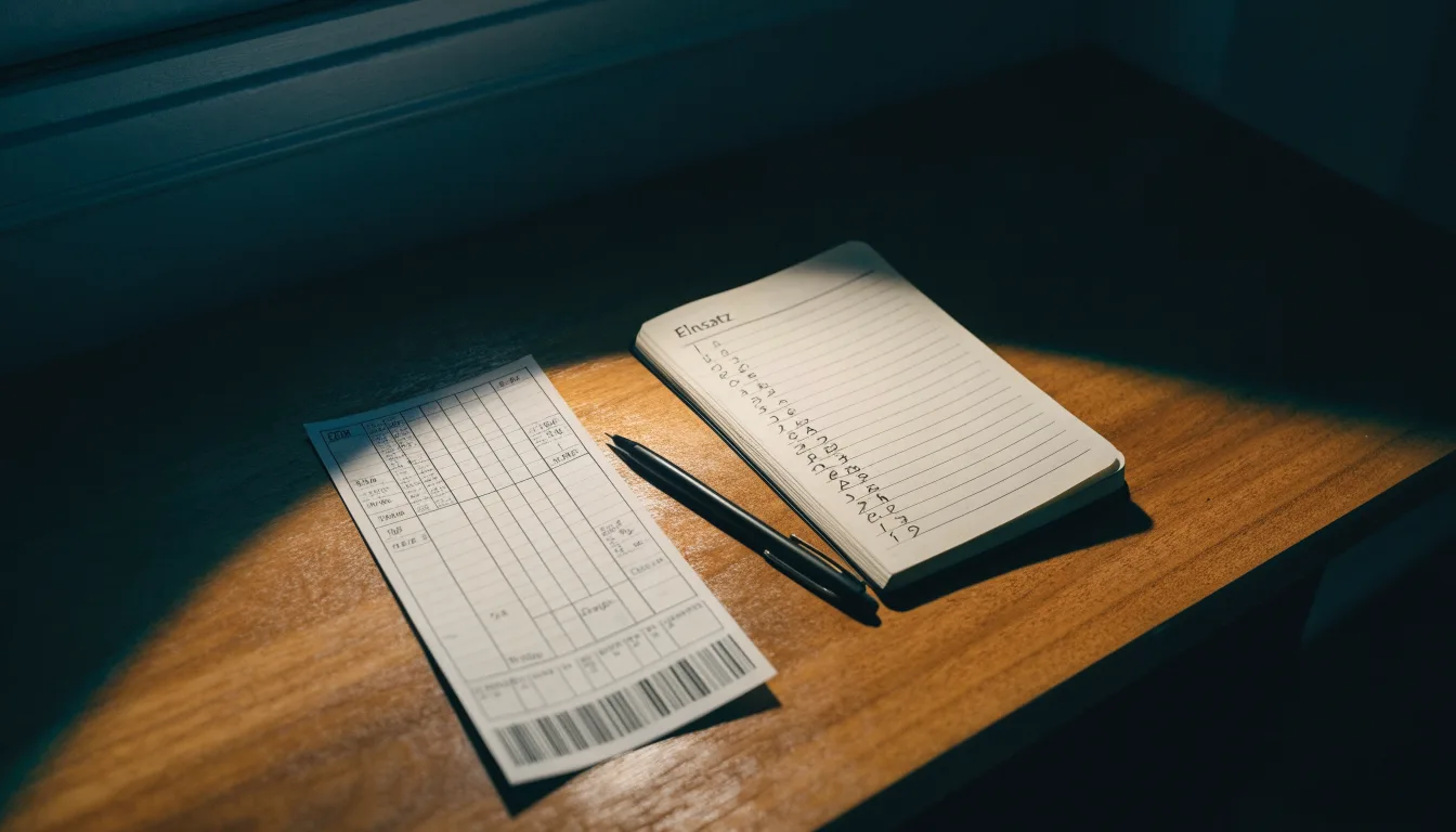 Ein Taschenrechner und ein Notizbuch mit handschriftlichen Zahlenreihen liegen auf einem Schreibtisch unter einer Lampe.
