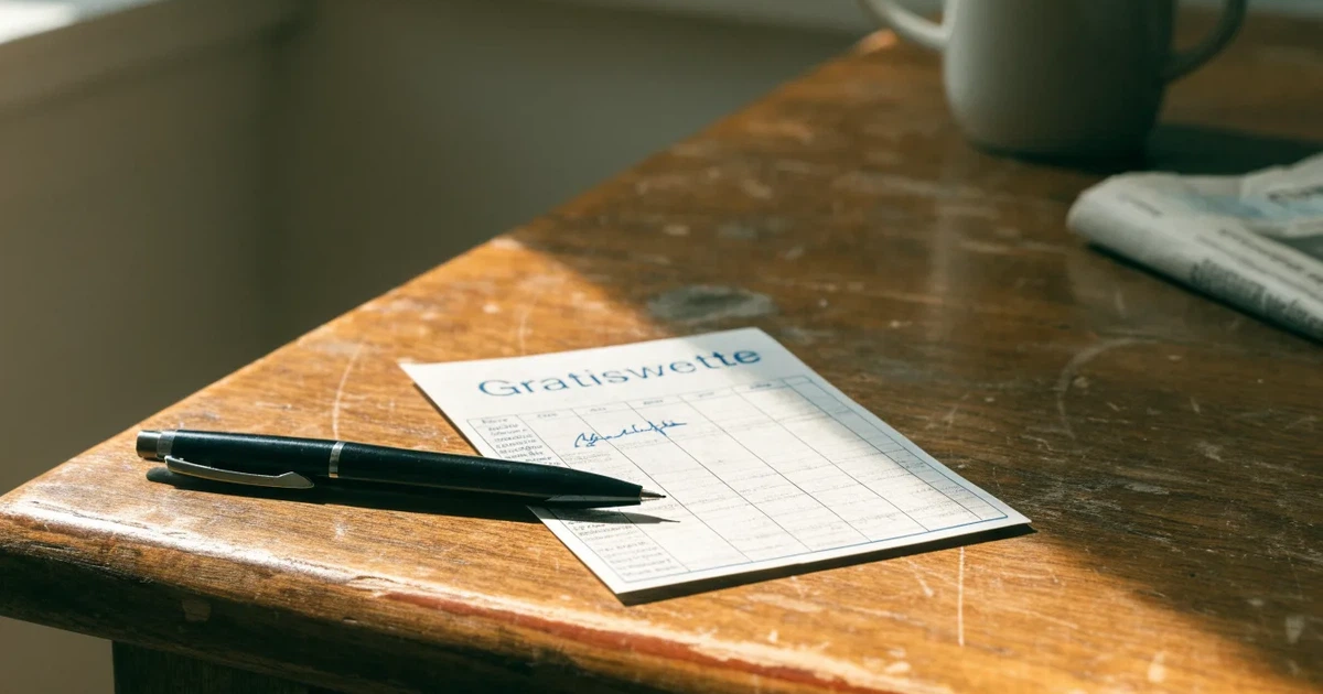 Ein leerer Papier-Wettschein und ein Kugelschreiber liegen auf einem Holztisch, daneben ein kleiner Stapel Münzen im Morgenlicht.