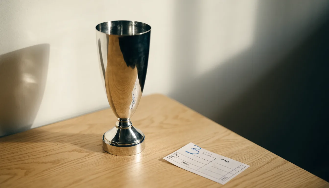 Ein Pokal ohne Gravur steht allein auf einem Holztisch vor einer hellen Wand, davon fällt ein weicher Schatten.