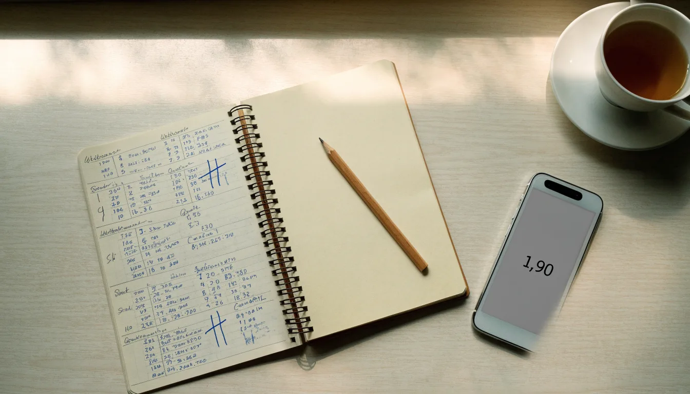 Ein aufgeschlagenes Notizbuch mit handschriftlichen Skizzen und ein Bleistift liegen auf einem Schreibtisch neben einer Tasse Tee.