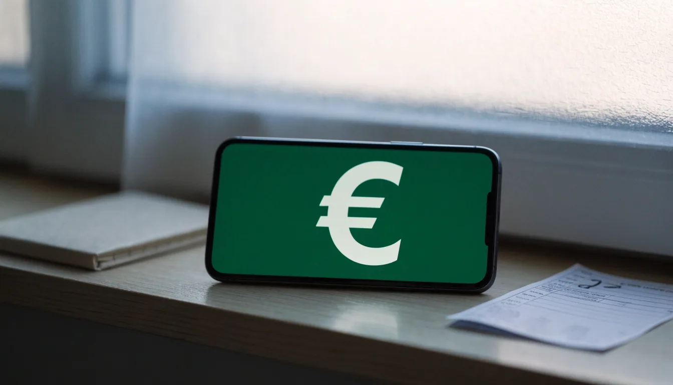 Eine kleine Spardose aus Keramik steht neben ein paar Euromünzen auf einem Fensterbrett im Tageslicht.