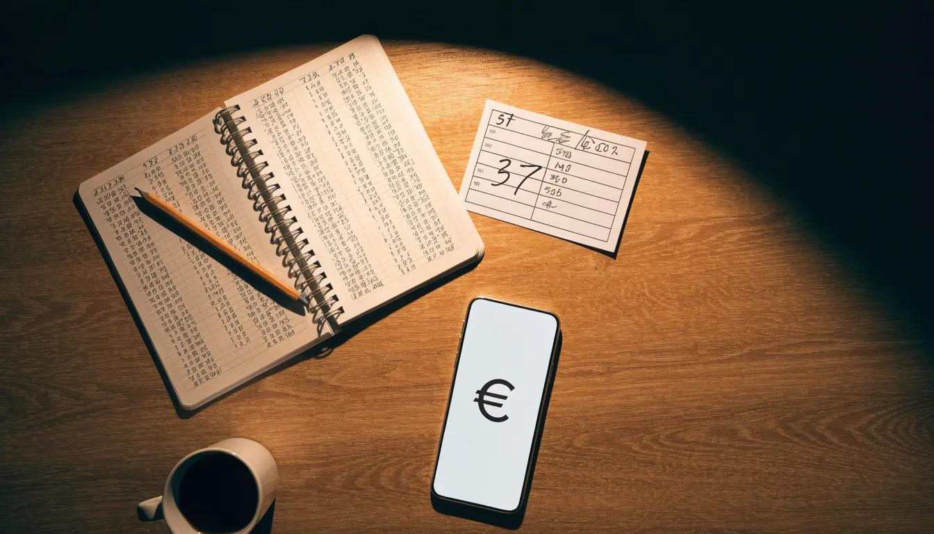 Ein Taschenrechner und ein Bleistift liegen auf einem Schreibtisch neben einer Tasse Kaffee im Licht einer Lampe.