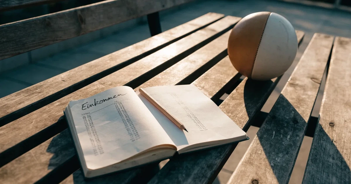 Ein Notizbuch mit handschriftlichen Zahlenkolonnen und ein Bleistift liegen neben einem Fußball auf einer Holzbank.