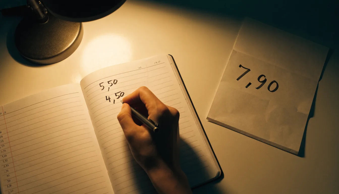 Ein Taschenrechner und ein aufgeschlagenes Notizbuch mit handschriftlichen Zahlenreihen liegen unter einer Schreibtischlampe.