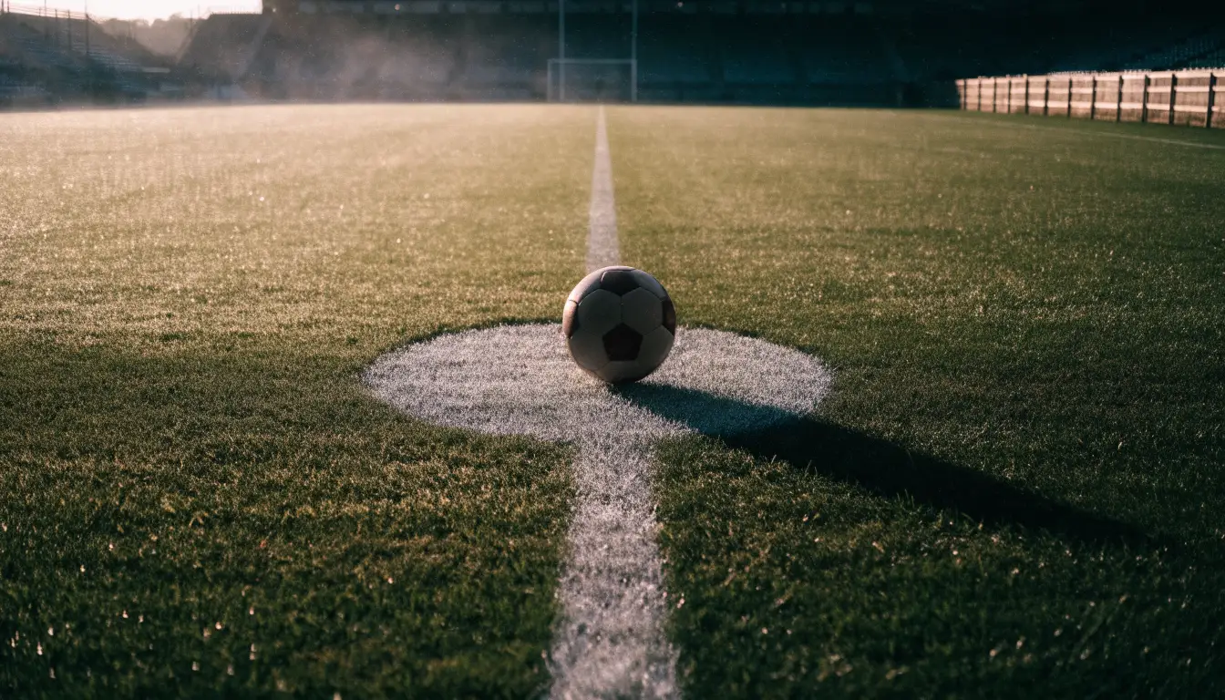 Ein Fußball liegt allein auf dem Anstoßpunkt eines leeren Rasenplatzes im Morgenlicht, am Rand ein niedriger Zaun.