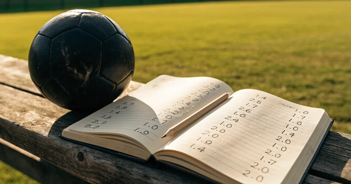 Ein Notizbuch mit handschriftlichen Zahlenkolonnen und ein Bleistift liegen neben einem Fußball auf einer Holzbank.