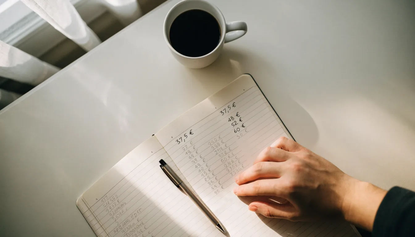 Ein Notizbuch mit handschriftlichen Rechnungen und ein Taschenrechner liegen auf einem hellen Schreibtisch neben einer Kaffeetasse.