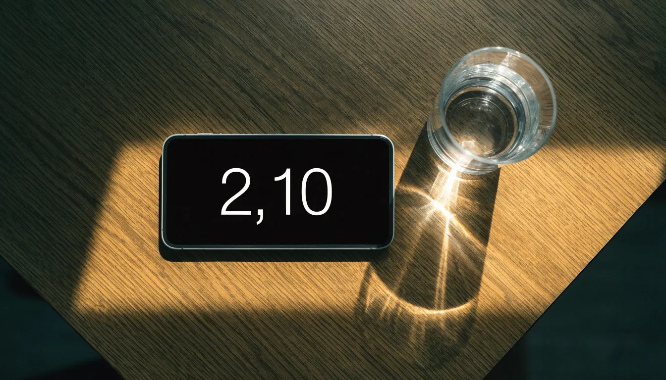 Ein Smartphone liegt mit dem Display nach unten auf einem Holztisch neben einem Glas Wasser, Abendlicht fällt durch ein Fenster.