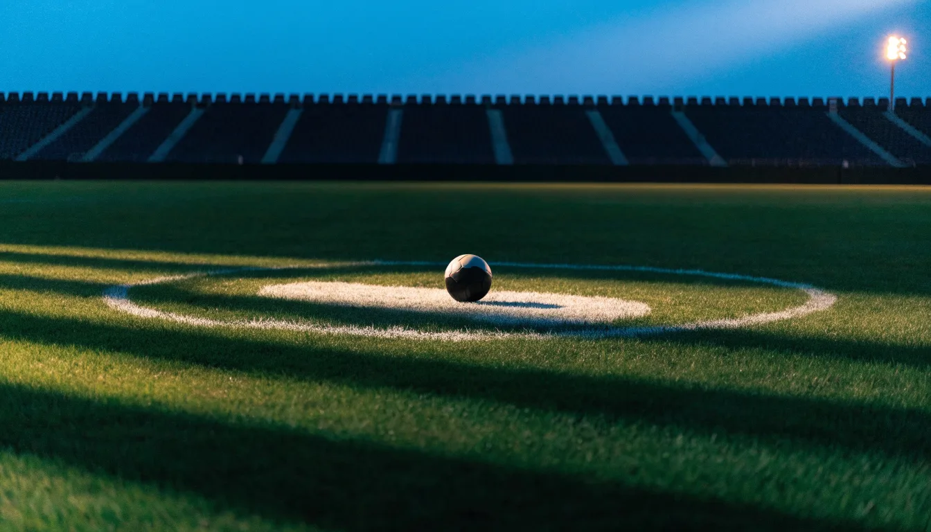Ein Fußball liegt auf dem Anstoßpunkt eines leeren Rasenplatzes, dahinter ragen dunkle Ränge in den Abendhimmel.