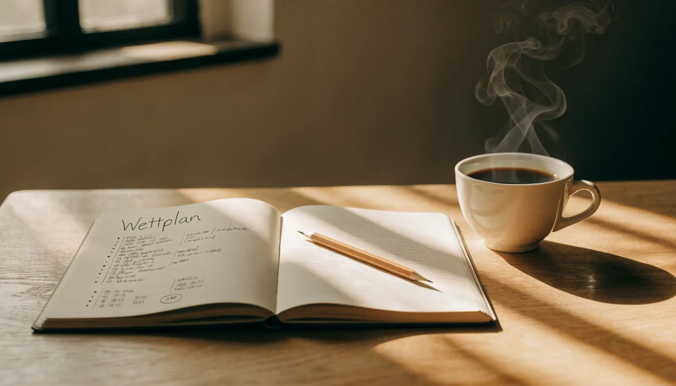 Ein Notizbuch mit handschriftlichen Notizen und einem Bleistift liegt auf einem Tisch, daneben steht eine Kaffeetasse im Morgenlicht.