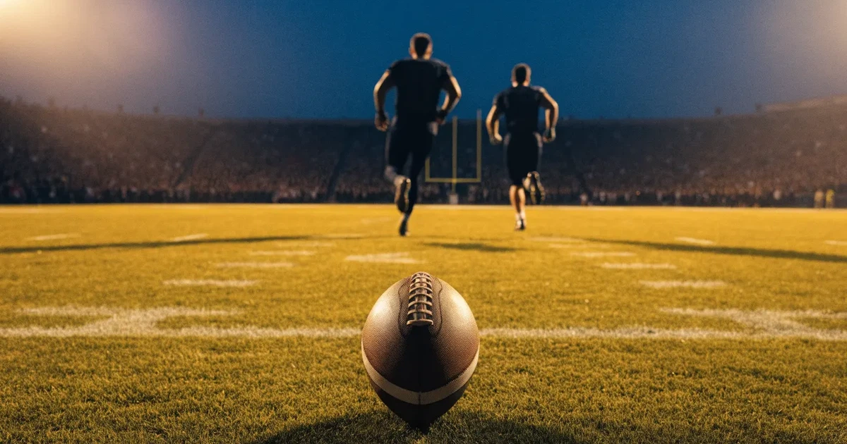Ein American-Football-Ball liegt auf einem Rasenplatz unter Flutlicht, im Hintergrund eine große Tribüne in der Dämmerung.