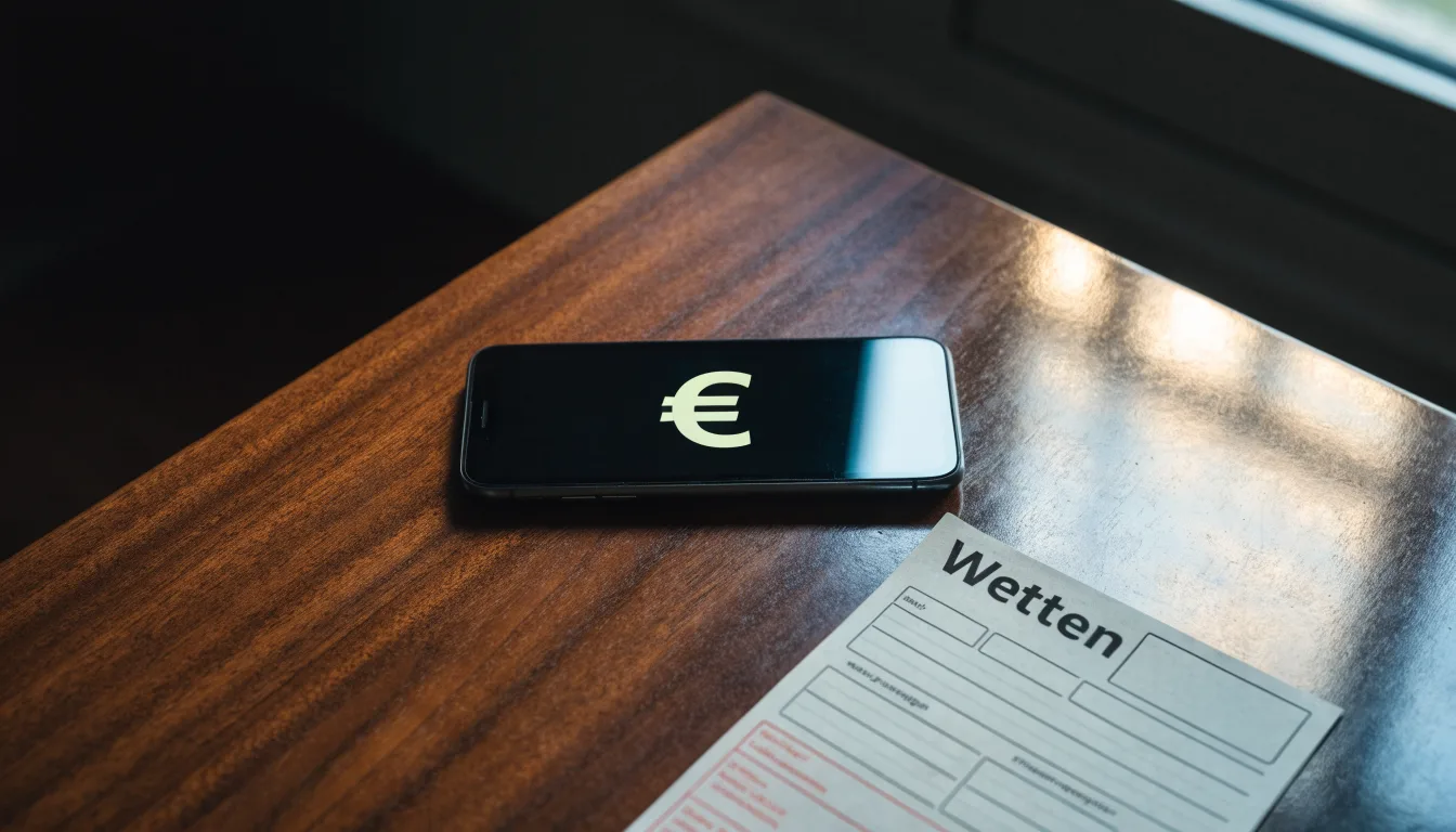 Ein Smartphone liegt mit dunklem Display auf einem Holztisch neben einem leeren Papier-Wettschein, Licht fällt von einem Fenster.