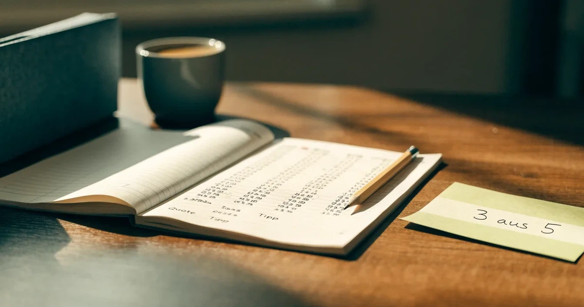 Ein Notizbuch mit handschriftlichen Notizen und einem Bleistift liegt neben einem Taschenrechner auf einem aufgeräumten Schreibtisch.