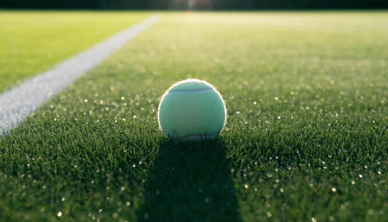 Ein Tennisball liegt auf frisch gemähtem Gras neben einer weißen Linie, Tautropfen glänzen im Gegenlicht.