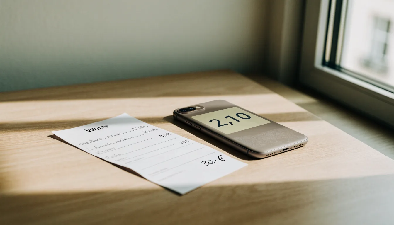 Ein Smartphone mit dunklem Display liegt neben einem leeren Papier-Wettschein auf einem Tisch am Fenster.