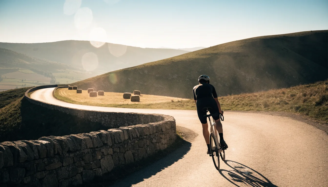 Ein Rennrad lehnt an einer Steinmauer in einer Bergkurve, im Hintergrund eine weite Hügellandschaft im Gegenlicht.