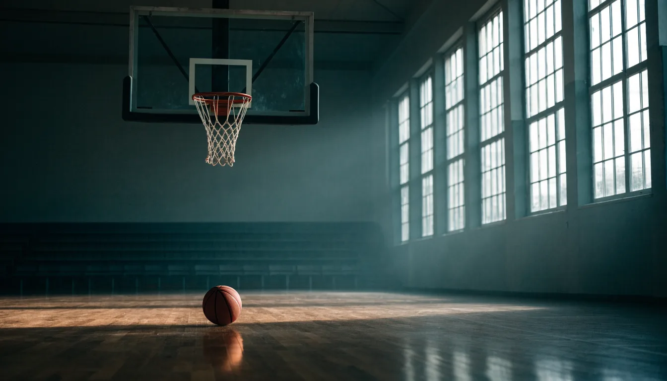 Ein Basketballkorb in einer leeren Halle, der Ball liegt unter dem Brett auf dem Parkett.