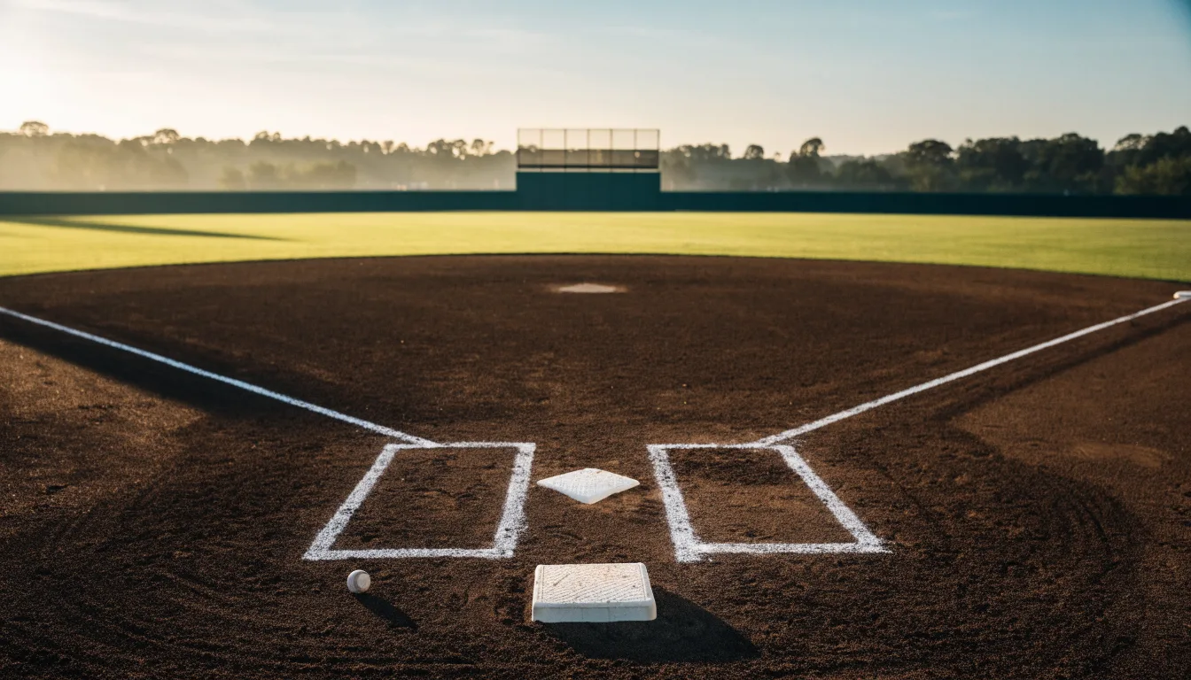 Ein Baseballfeld mit leerem Infield im Morgenlicht, die Linien frisch gezogen, keine Spieler im Bild.