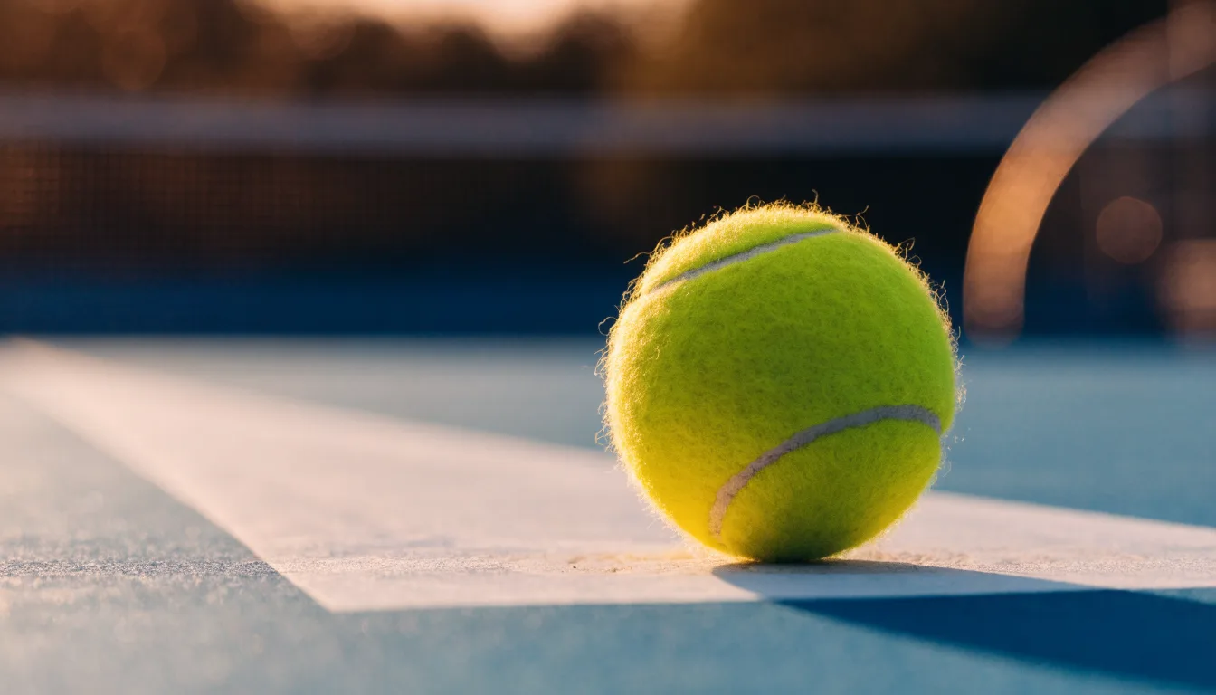 Ein Tennisball liegt in Nahaufnahme auf einer Grundlinie, dahinter verschwimmt ein leerer Platz in warmem Licht.