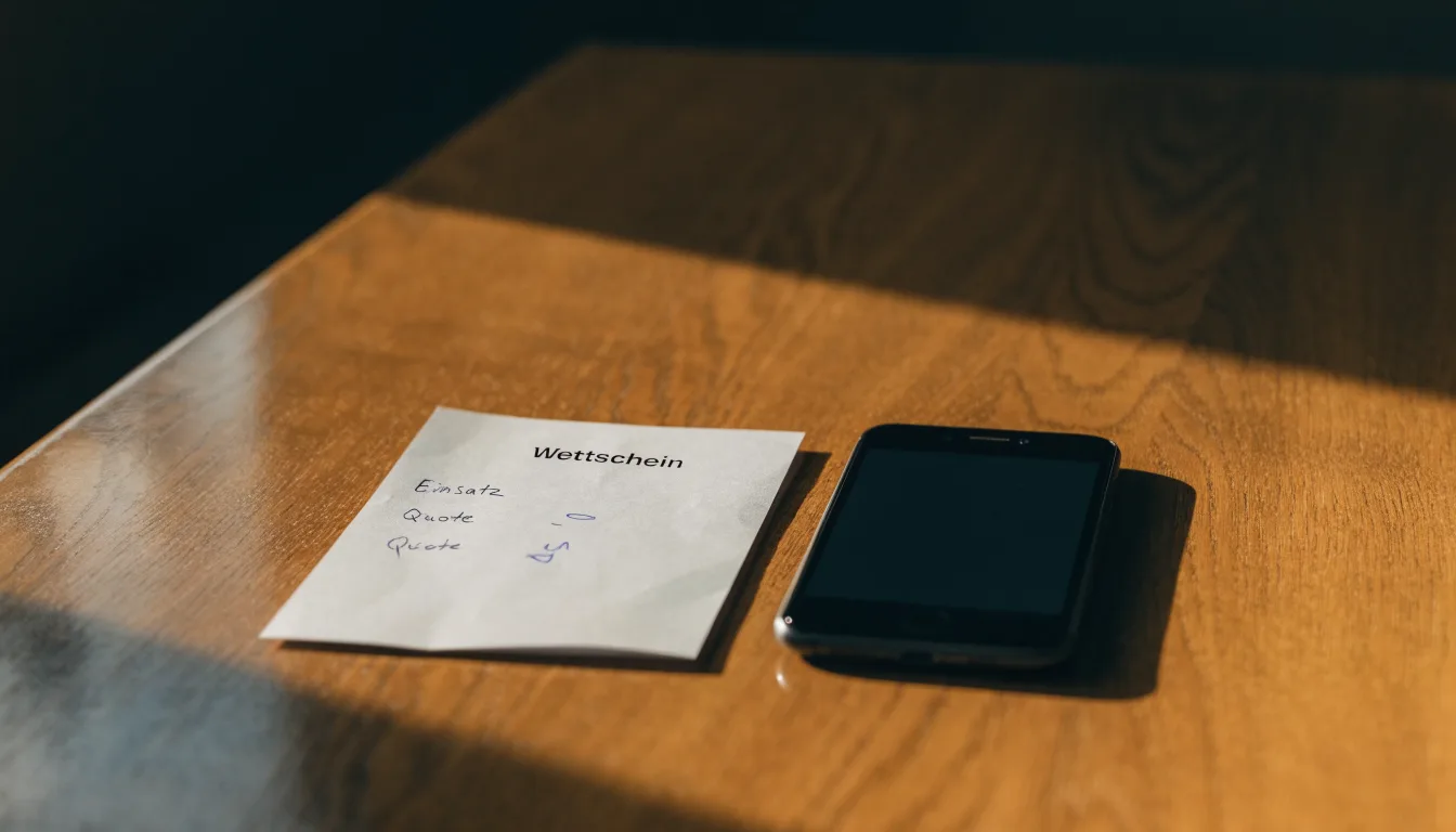 Ein Smartphone mit dunklem Display liegt neben einem leeren Papier-Wettschein auf einem Tisch, Licht fällt von der Seite.