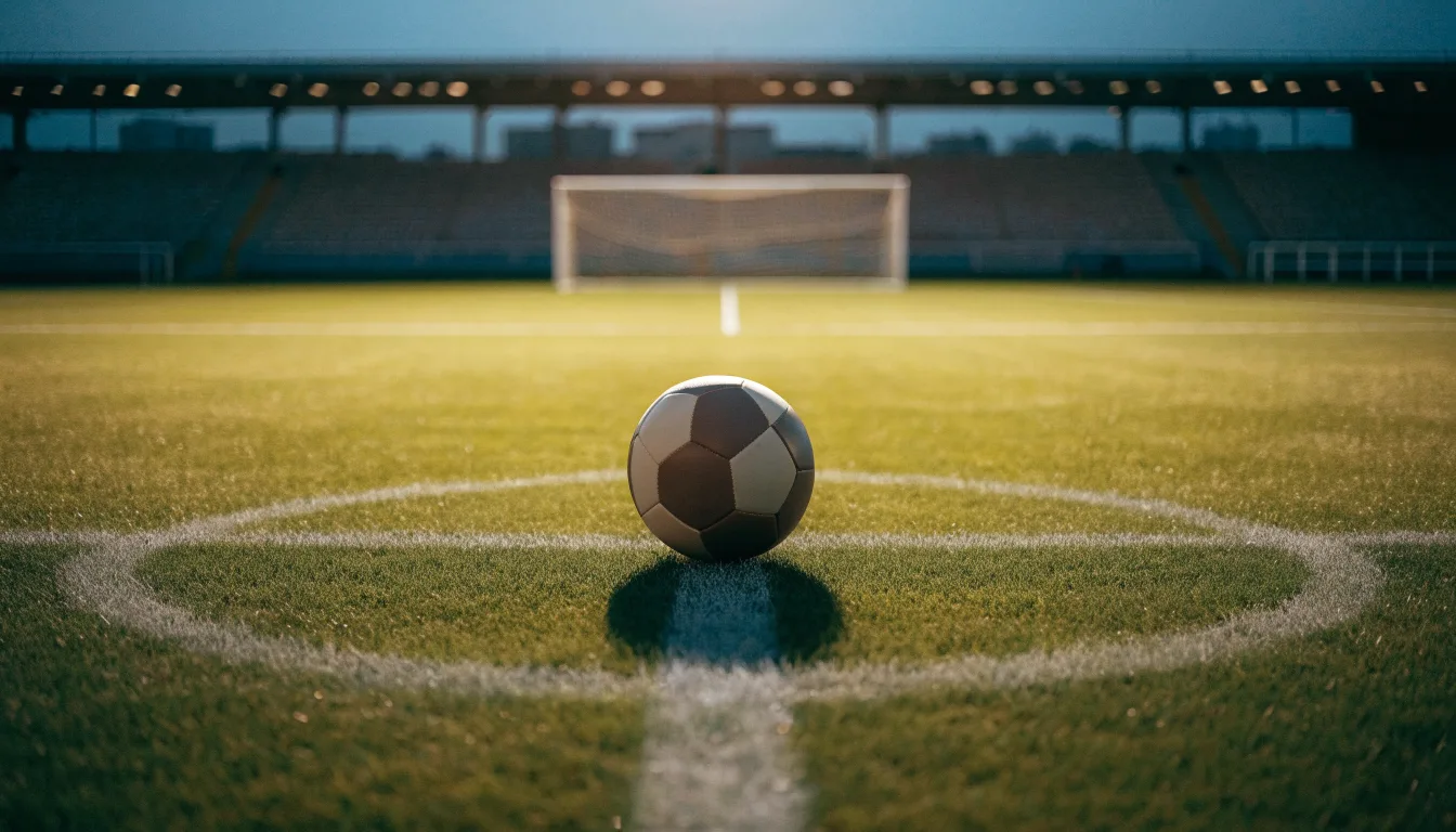 Ein Fußball liegt auf dem Anstoßpunkt eines Rasenplatzes, dahinter eine leere Tribüne im Abendlicht.