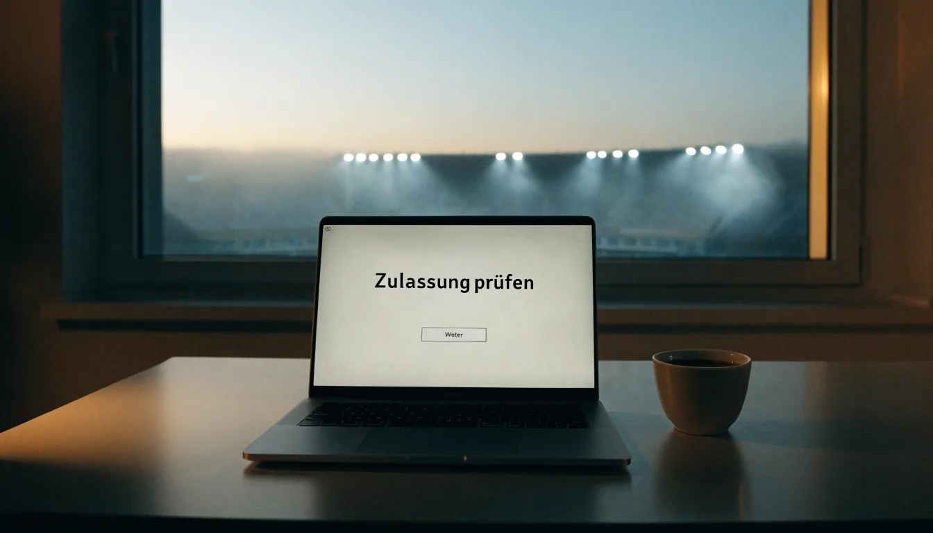Ein Stadion unter Flutlicht aus der Ferne gesehen, davor ein stiller Parkplatz bei Nebel.