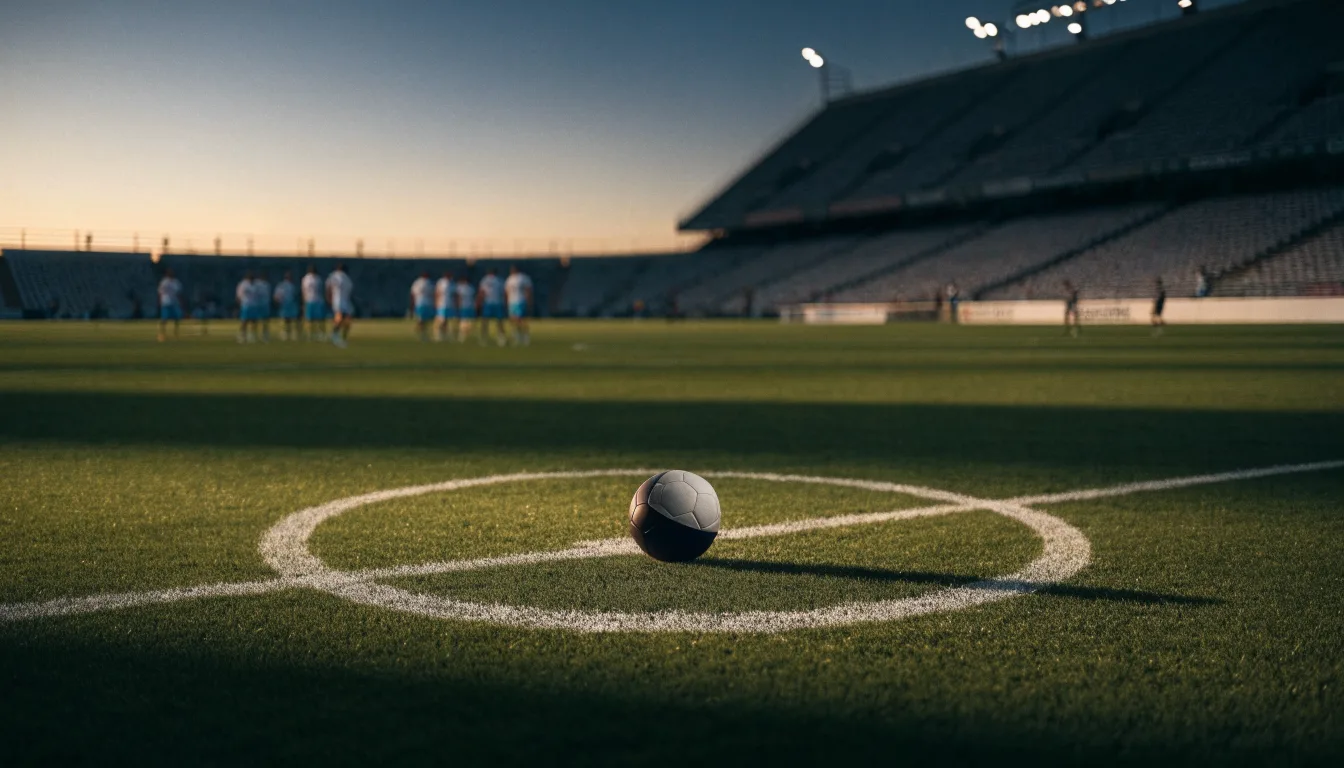Ein Fußball liegt auf dem Anstoßpunkt eines Rasenplatzes, dahinter eine leere Tribüne im Abendlicht.