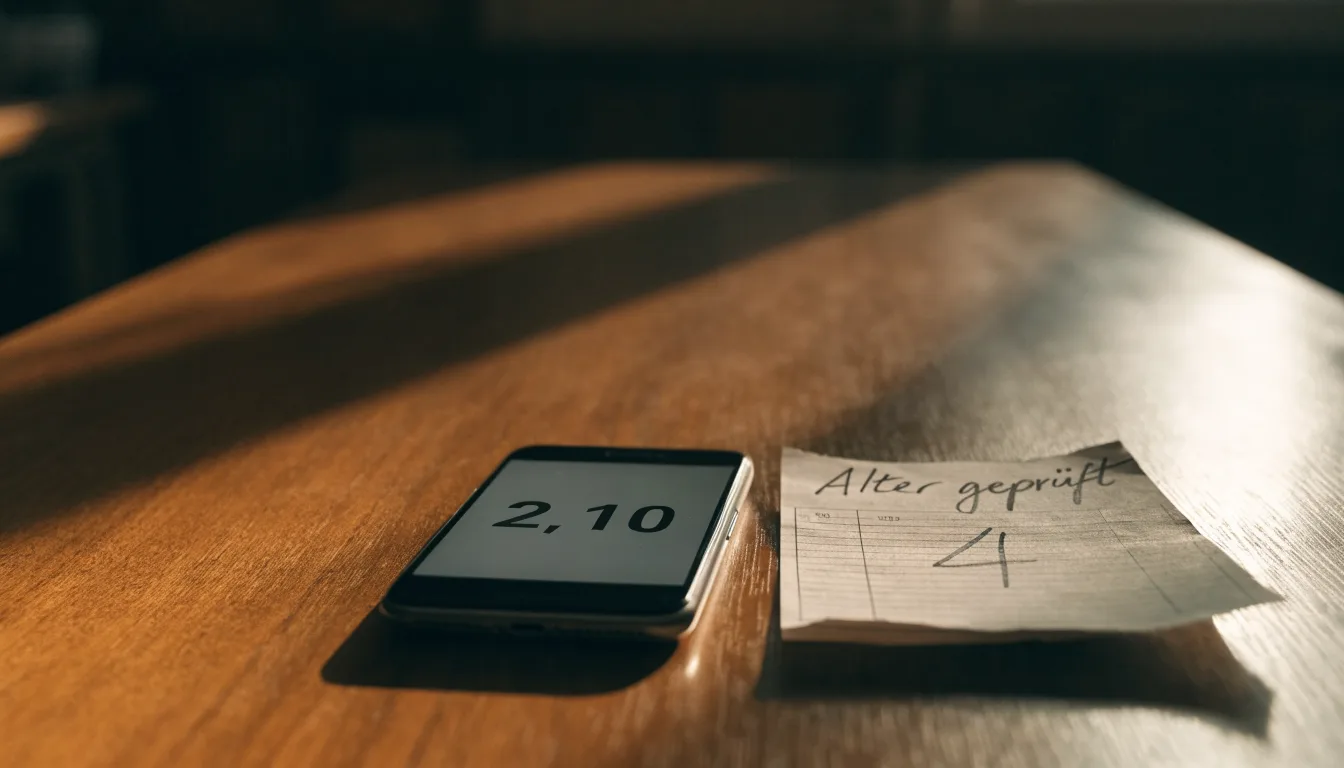 Ein Smartphone mit dunklem Display liegt neben einem leeren Papier-Wettschein auf einem Holztisch, Licht fällt von der Seite.