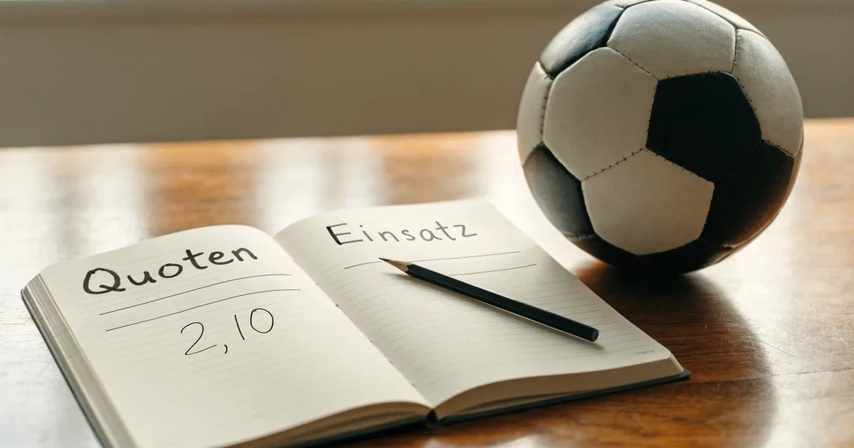 Ein Notizbuch mit handschriftlichen Notizen und einem Bleistift liegt auf einem Holztisch, daneben ein kleiner Fußball im Tageslicht.