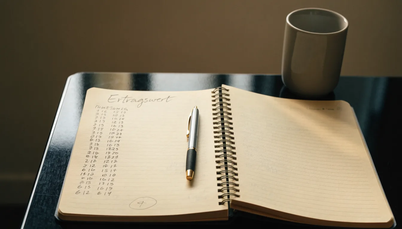 Ein Notizbuch mit handschriftlichen Notizen und ein Taschenrechner stehen auf einem Schreibtisch, daneben eine Tasse.