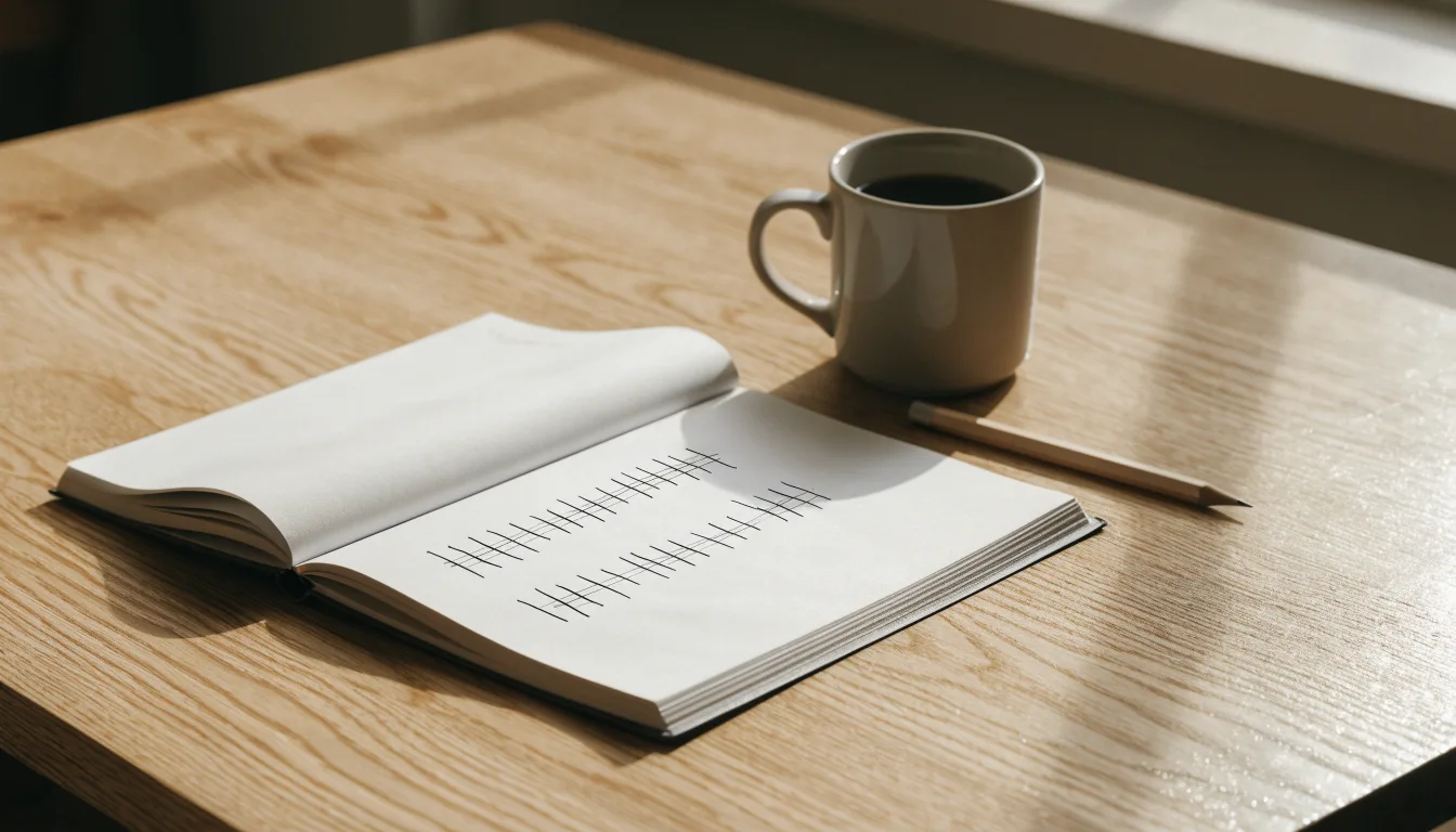Ein Notizbuch mit handgeschriebenen Strichlisten liegt neben einem Bleistift und einer Kaffeetasse auf einem Holztisch.