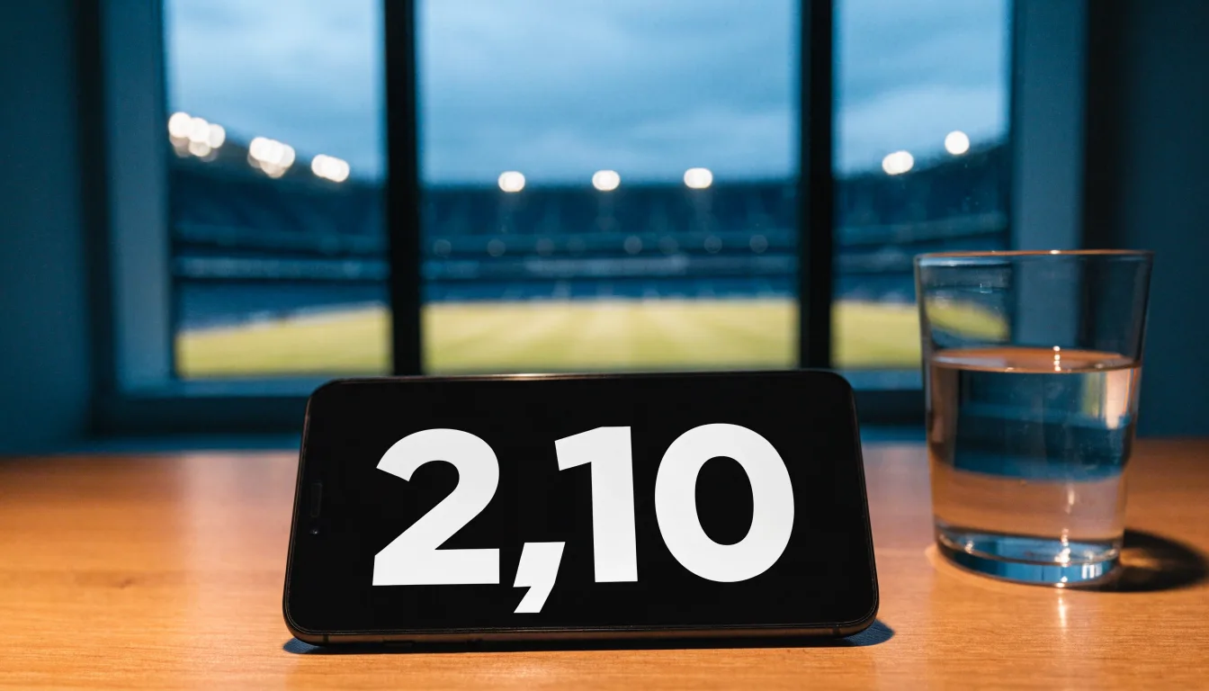 Ein Smartphone mit dunklem Display liegt auf einem Schreibtisch neben einem Glas Wasser, im Fenster dahinter ein Stadion im Dämmerlicht.