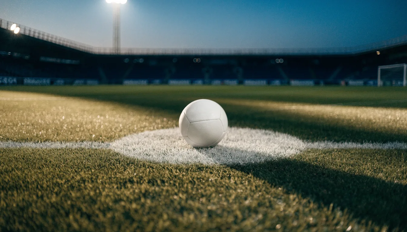 Ein Fußball liegt auf dem Mittelkreis eines leeren Rasenplatzes unter Flutlicht am frühen Abend, die Tribünen sind nur schemenhaft zu erkennen.