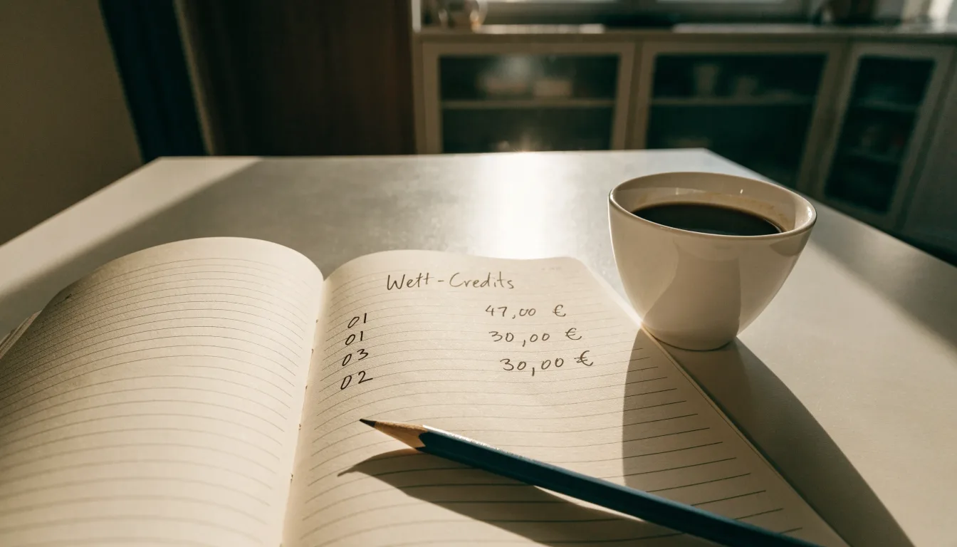 Ein Notizbuch mit handschriftlichen Zahlenreihen und ein Bleistift liegen auf einem Küchentisch neben einer Tasse.