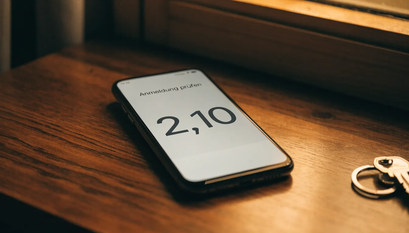 Ein Smartphone mit dunklem Display liegt auf einem Holztisch, daneben ein Schlüsselbund, im Hintergrund ein Fenster mit Abendlicht.