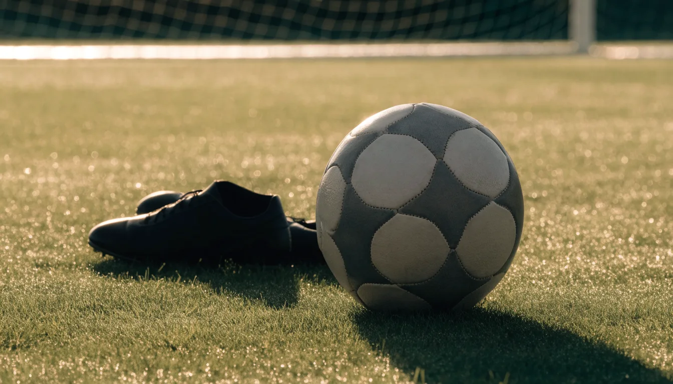 Ein Fußball auf frisch gemähtem Rasen im Morgenlicht, daneben ein Paar Fußballschuhe ohne erkennbare Marke.