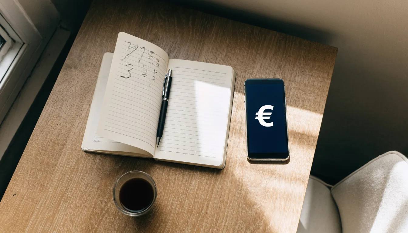 Ein Notizbuch mit handgeschriebenen Zahlen und ein Kugelschreiber liegen auf einem Tisch, daneben ein Smartphone mit schwarzem Bildschirm.