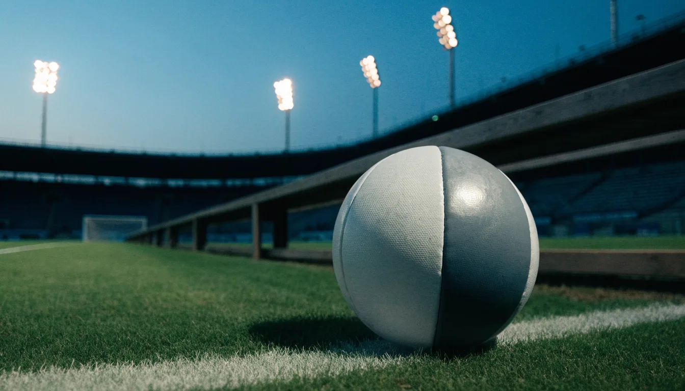 Ein Fußball liegt am Spielfeldrand neben einer leeren Ersatzbank, das Flutlicht über dem Platz leuchtet in der Dämmerung.