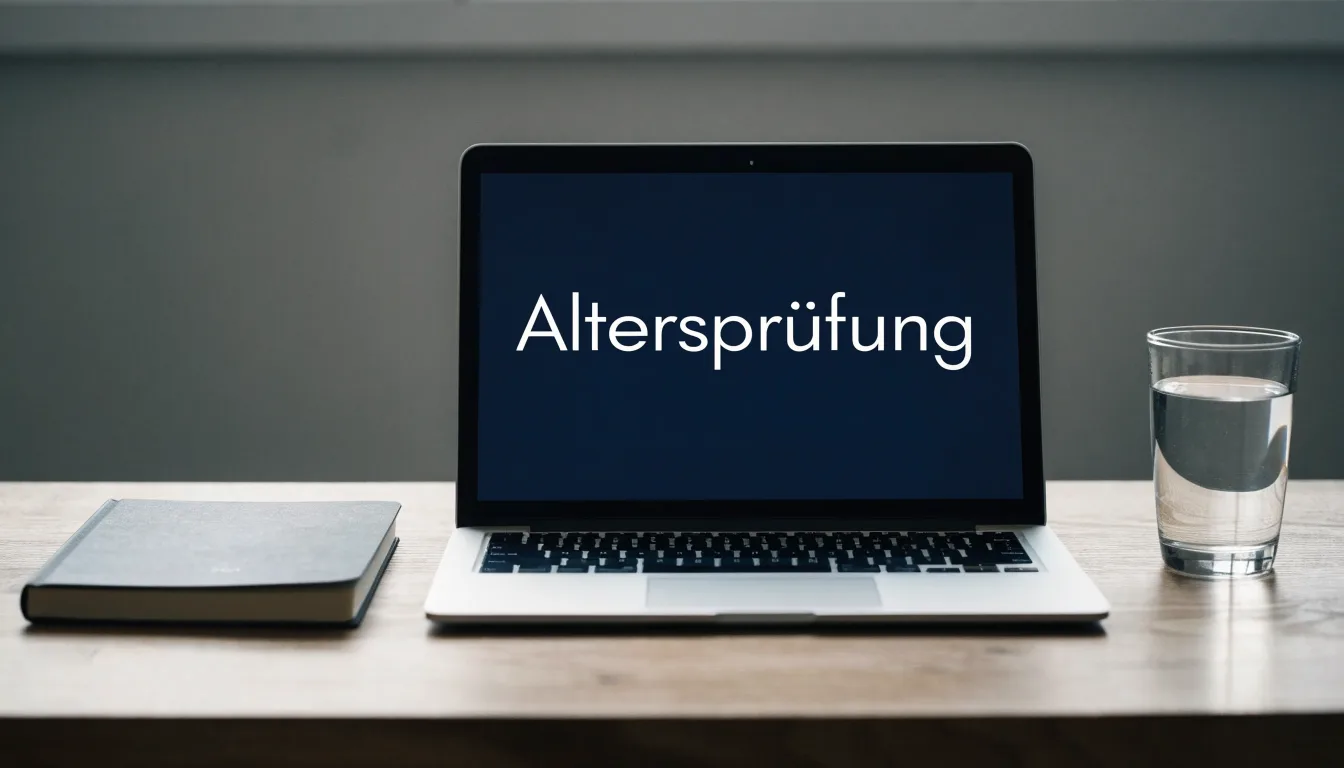 Ein Laptop mit dunklem Bildschirm steht aufgeklappt auf einem Schreibtisch, daneben ein Notizbuch und ein Glas Wasser.