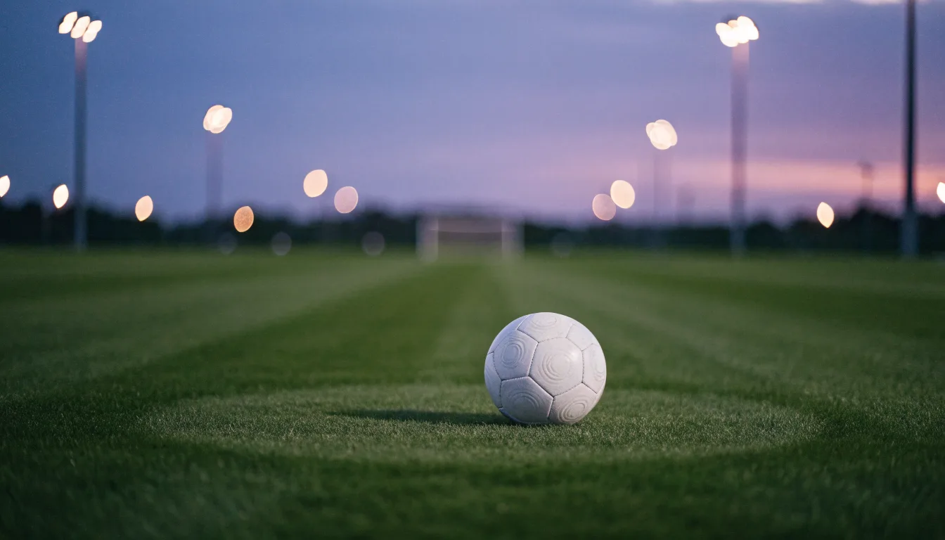Ein Fußball liegt auf dem Anstoßpunkt eines Rasenplatzes in der Abenddämmerung, Flutlichtmasten stehen unscharf im Hintergrund.
