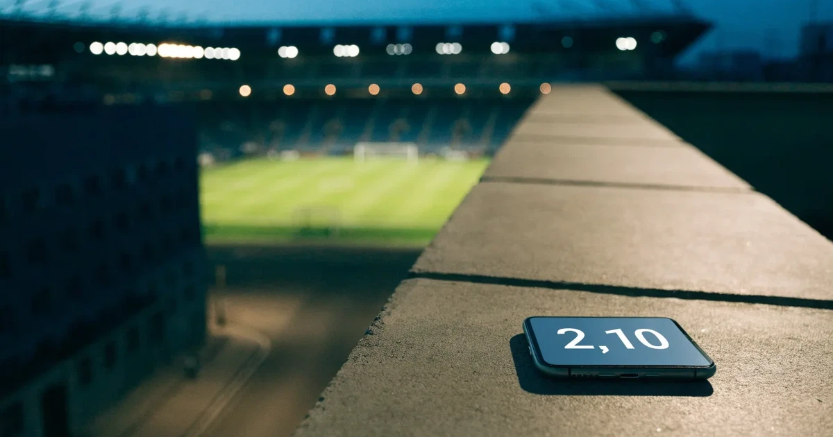 Ein hell erleuchtetes Fußballstadion bei Nacht aus der Ferne gesehen, über dem Dach ein klarer Himmel, davor eine leere Straße.