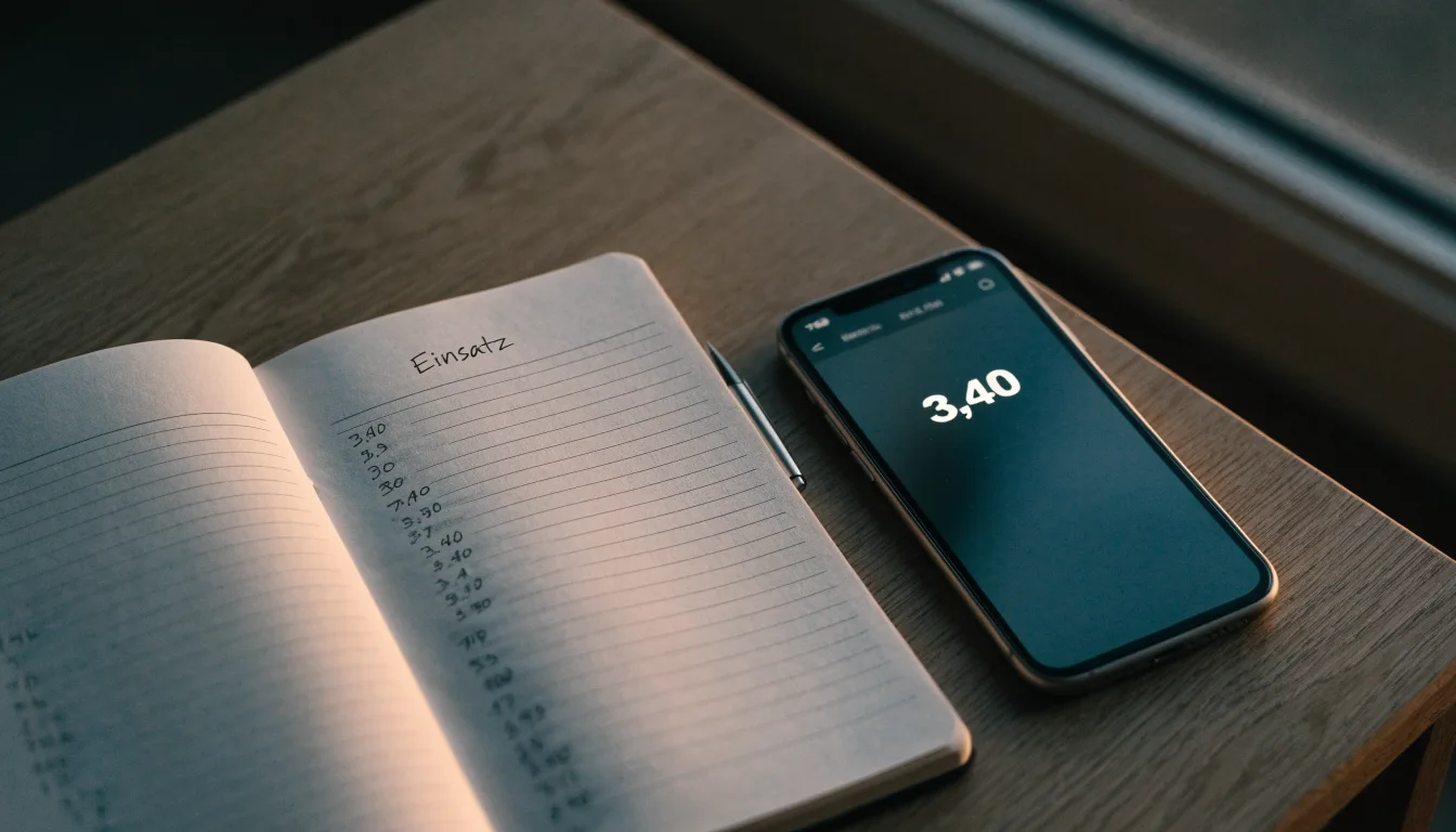 Ein Notizbuch mit handschriftlichen Zahlen liegt neben einem Smartphone mit dunklem Display auf einem Tisch, im Fenster Dämmerlicht.