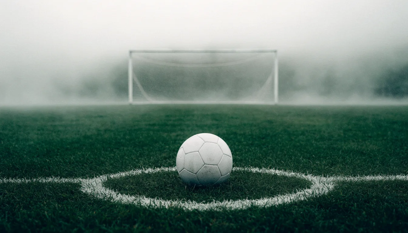 Ein Fußball liegt auf dem Elfmeterpunkt eines nassen Rasenplatzes, im Hintergrund ein leeres Tor im Nebel.