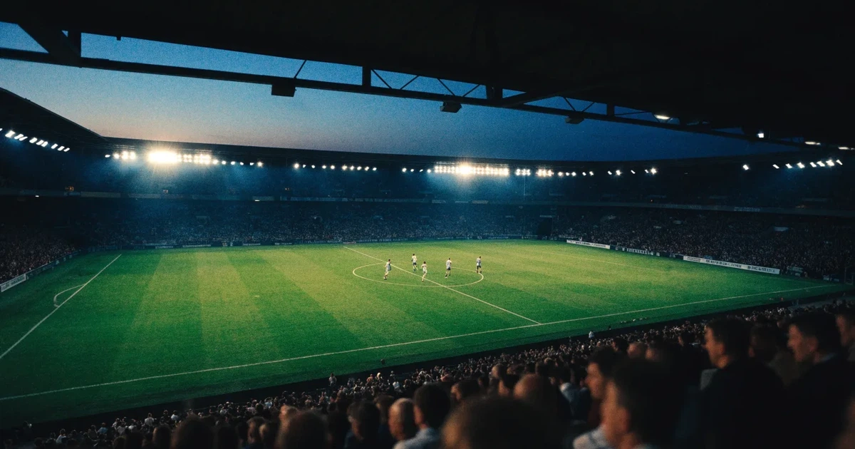 Ein großes Fußballstadion mit hell erleuchtetem Rund, aus der Ferne am Abend gesehen, davor eine breite Allee mit Laternen.